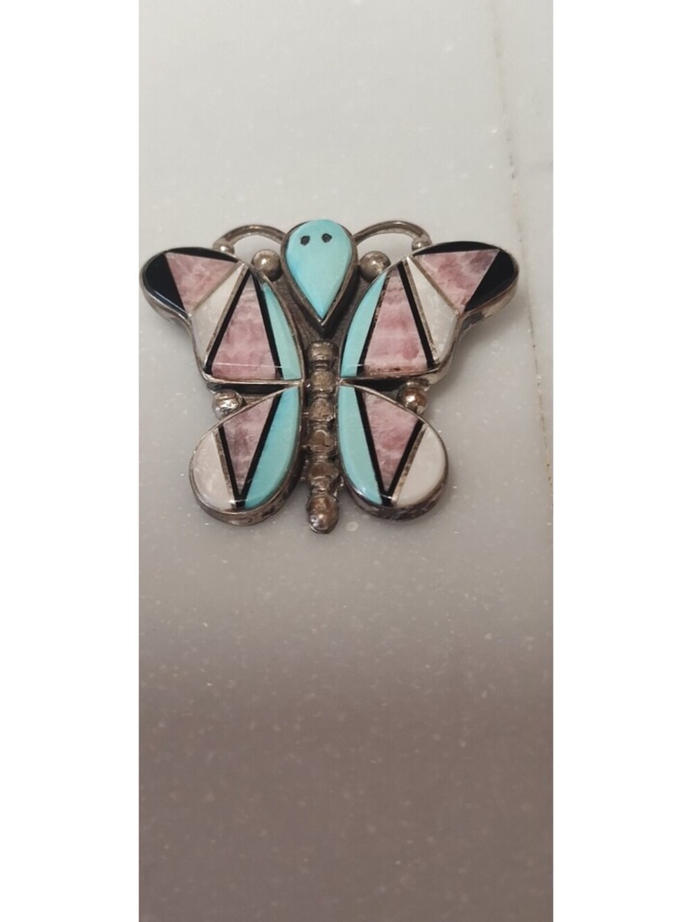 Vintage Zuni Sterling Silver Butterfly Brooch Turquoise Multi Stone Inlay